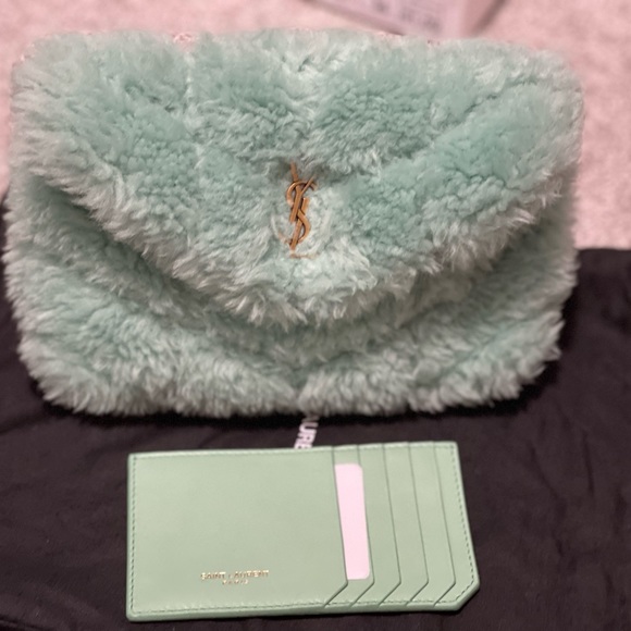 Saint Laurent Loulou Puffer Shearling Clutch in Mint incl YSL card holder—NWT - Picture 3 of 8
